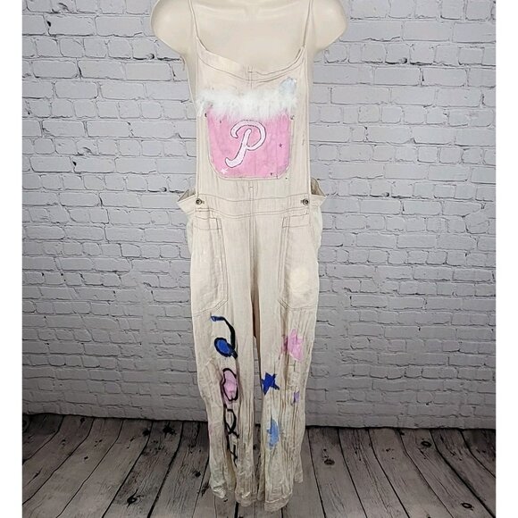 Free People Beige Linen Cotton Blend Reworked Painters Overalls Jumpsuit Large L - Picture 1 of 14